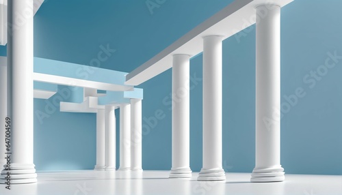 Tilted columns in beautiful airy widescreen, minimalistic white and light blue architectural background banner