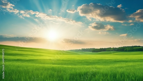 Blue sky with sun and green field with grass  beautiful panoramic natural landscape  spring summer background
