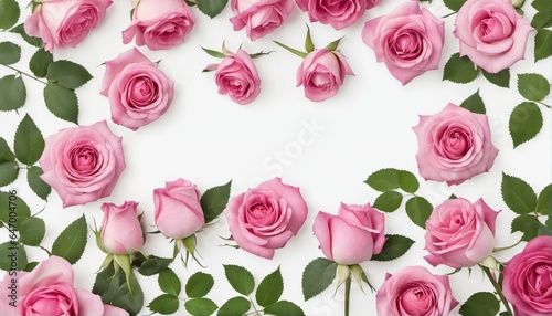 Close up of blooming pink roses flowers and petals on white table background - decorative web banner, floral frame composition, empty space, flat lay, top view