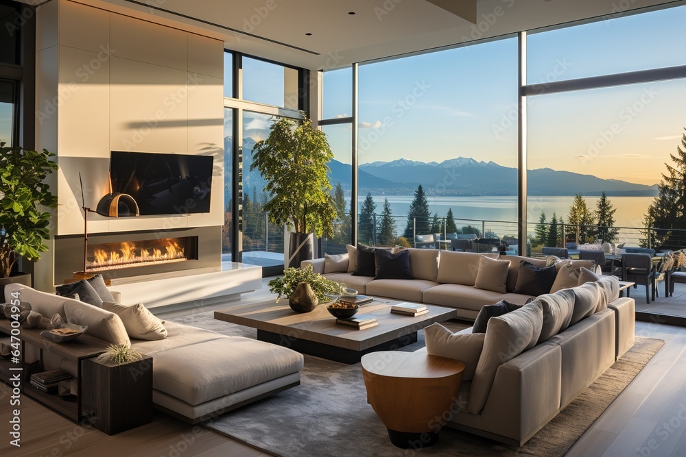 Exquisite modern living room in a newly built luxury residence, featuring an open floor plan that seamlessly connects the kitchen, dining area, and a stunning wall of windows offering views.