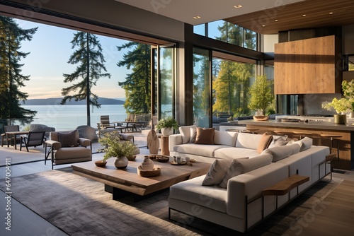 Explore the beauty of a modern living room in a recently constructed luxury residence, designed with an open-concept layout that seamlessly joins the kitchen, dining space, and a stunning windows.