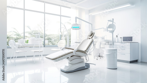 High-angle shot of an empty, modern dental chair in a well-lit room