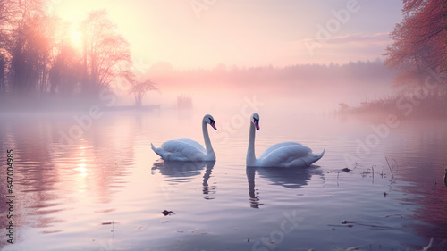 Misty Dawn Over a Lake with Swans Swimming Peacefully