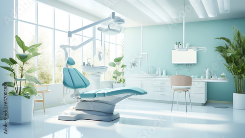 Interior of a dental extraction room featuring calming decor like plants and soothing colors