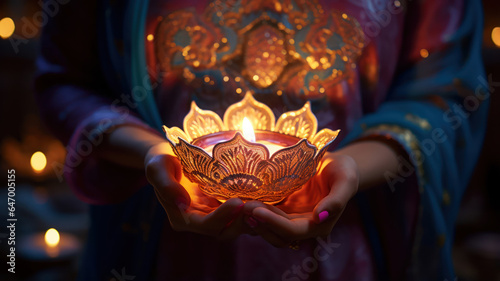 Woman in Traditional Attire Holding a Diya Lamp