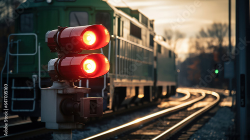 Close-up of a train signal light with an approaching train in the background