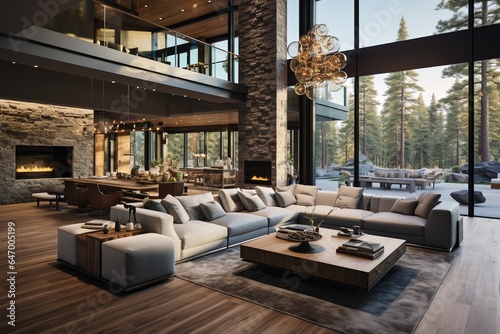 Step inside a luxurious contemporary living space within a recently constructed home. The open design seamlessly merges the living room, kitchen, and dining room, while large windows frame.