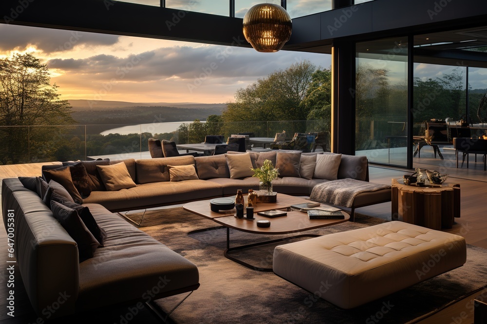 Discover the elegance of a newly designed luxury home's living room, featuring  the kitchen and dining areas. The expansive windows offer an exceptional view of the surrounding outdoors
