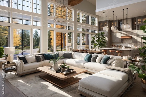Beautiful living room interior in new luxury home with open concept floor plan. Shows kitchen, dining room, and wall of windows with amazing exterior © Parvez