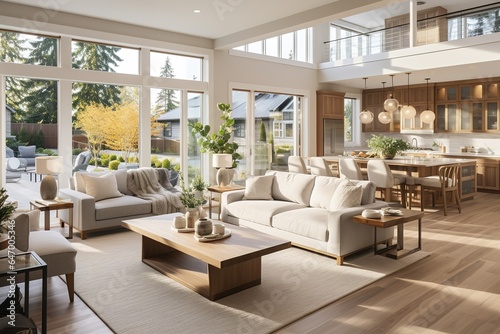 Beautiful living room interior in new luxury home with open concept floor plan. Shows kitchen, dining room, and wall of windows with amazing exterior © Parvez