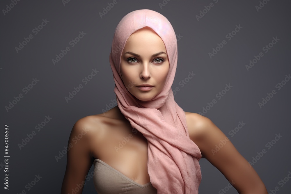 beautiful woman dressed in pink and a scarf of the same color on her head beautiful woman dressed in pink and a scarf of the same color on her head