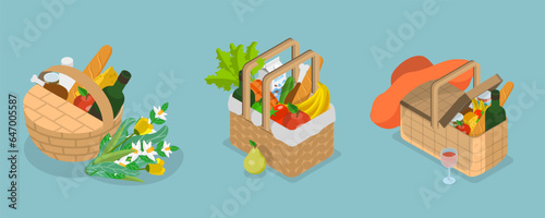 3D Isometric Flat Vector Set of Picnic Baskets , Food in Wicker Crates
