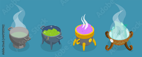 3D Isometric Flat Vector Set of Boiling Cauldrons, Making Magic Potions