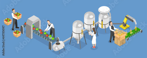 3D Isometric Flat Vector Conceptual Illustration of Juice Factory, Manufacture Process