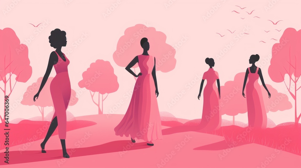 Retro Illustration of African American Women in Pink, Breast Cancer Month Retro Illustration of African American Women in Pink, Breast Cancer Month