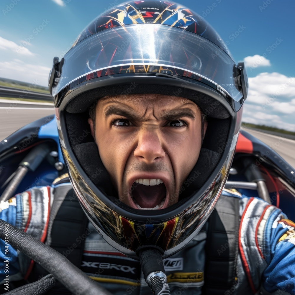 Formula one racing driver with an astonished look rushing on his balid. Generative AI