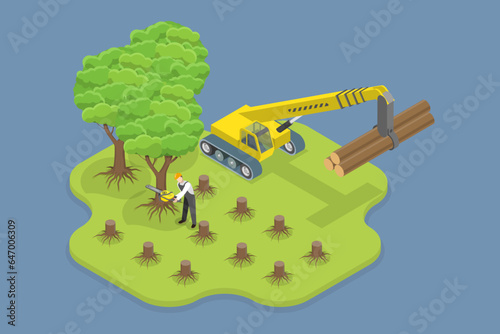 3D Isometric Flat Vector Conceptual Illustration of Deforestation, Chopping Forest, Destruction of Wood