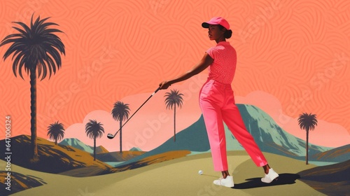 Retro Illustration of African American Female Playing Golf © NesliHunFoto
