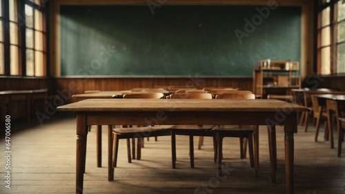 Back to school concept  empty table in classroom  empty table with space for text on a beautiful sunny day