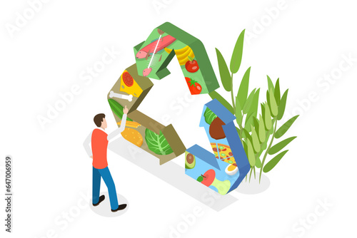 3D Isometric Flat Vector Conceptual Illustration of Food Waste Recycling, Trash Composting Process