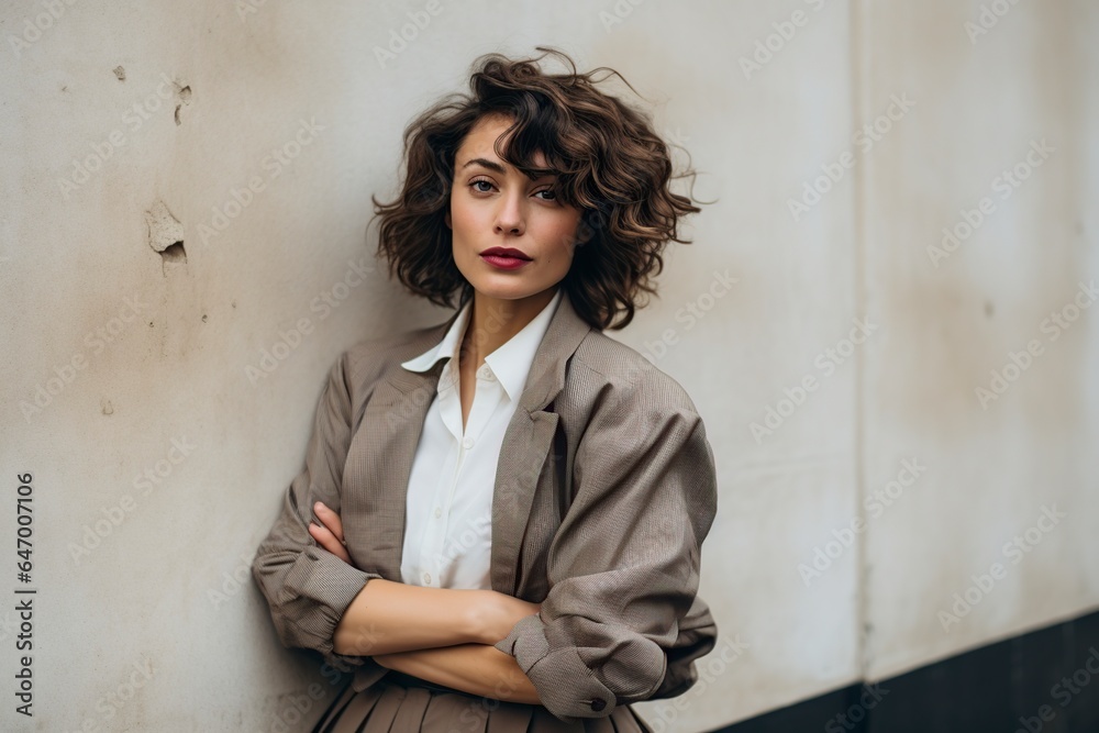 Obraz premium woman leaning against the wall posing in front of the camera
