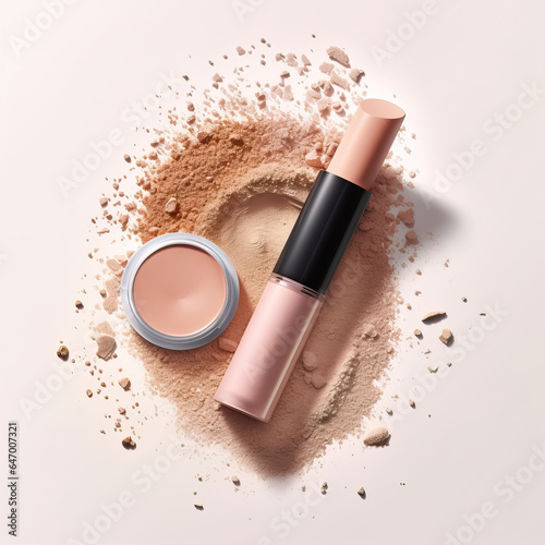 Make-up products studio shot, cosmetics on studio background, floating eye shadows and lipstick