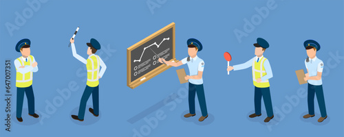3D Isometric Flat Vector Set of Traffic Policeman Characters, Road Inspector Occupation