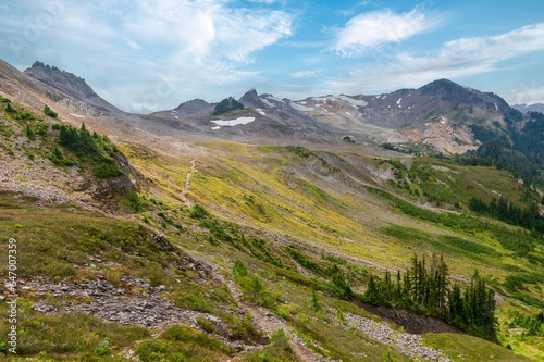 Alpine Wilderness in the Mt. Baker National Forest. Beautiful mountain and forest and valley views along the Ptarmigan Ridge Trail high in the North Cascade mountains of Washington state. © LoweStock