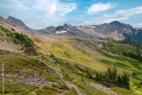 Alpine Wilderness in the Mt. Baker National Forest. Beautiful mountain and forest and valley views along the Ptarmigan Ridge Trail high in the North Cascade mountains of Washington state.