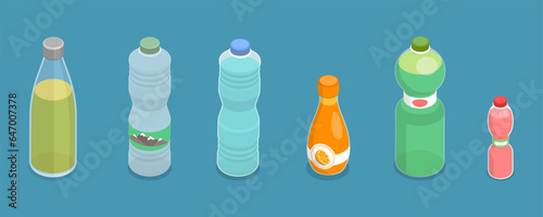3D Isometric Flat Vector Set of Bottles Of Different Fizzy Drinks, Cold Beverages