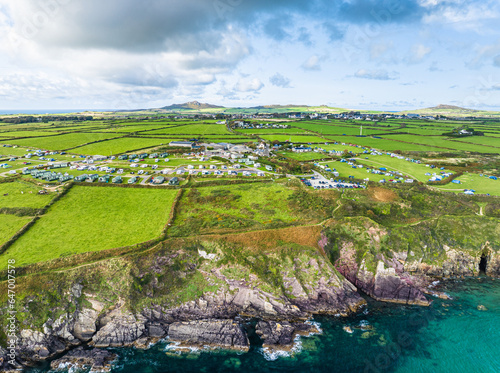 Cliffs over Caerfai Beach and Bay from a drone, St Davids, Haverfordwest, Wales, England photo