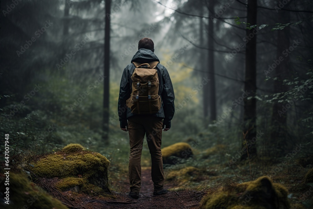 hiker man with backpack standing in dark forest