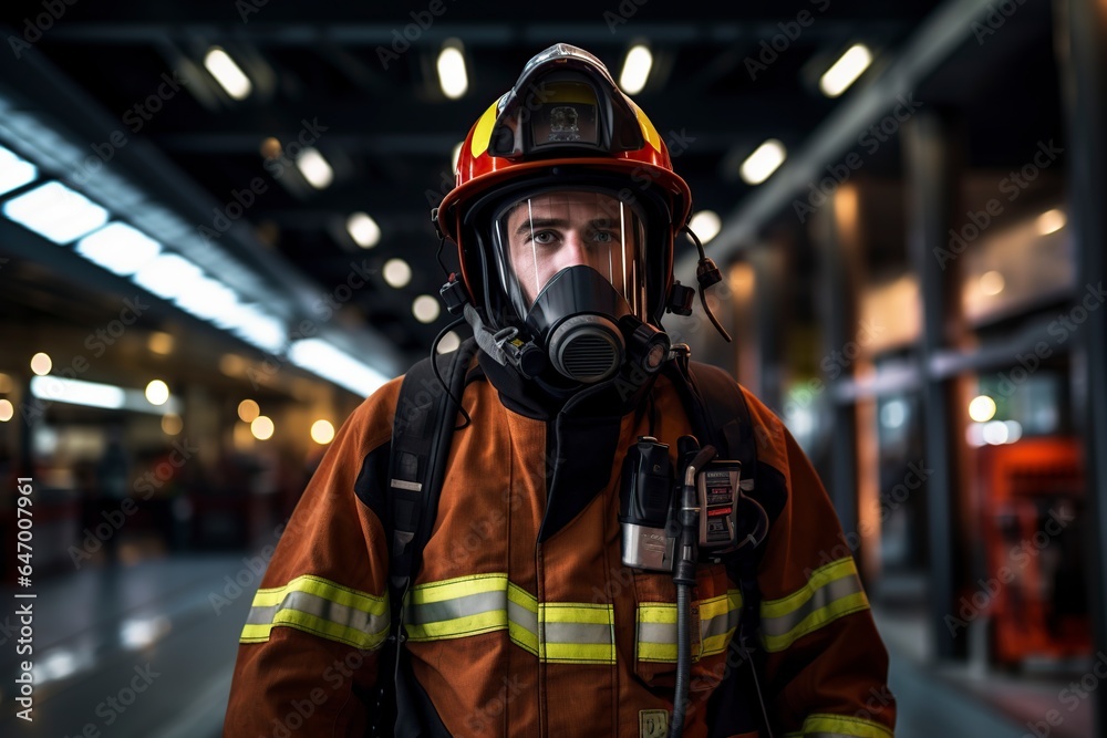 firefighter at the station equipped with a safety suit firefighter at the station equipped with a safety suit