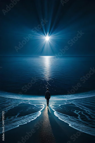 Moonlight in ocean landscape. Bright full moon over the sea