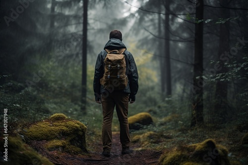 hiker man with backpack standing in dark forest