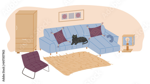 Stylish living room interior with trendy furniture. Cozy living room with a cat on the couch. Vector flat illustration.