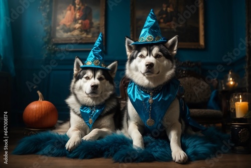 Cute Siberian Husky dog with blue witch costume on background with festive magical Halloween decoration in blue tones