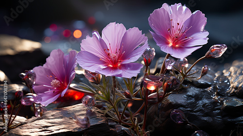 Several purple flowers grow on a rock. Charming natural flowers in shades of purple in a warm style and delicate coloring in a setting that celebrates spring nature.