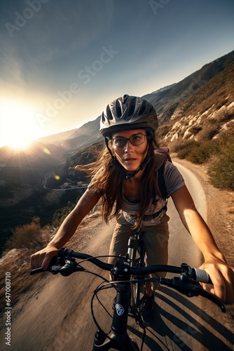 latin woman riding a bicycle in the mountain