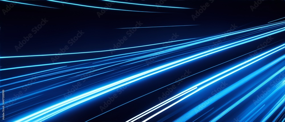 Blue lines of neon lights depicting movement motion and speed in plain black background from Generative AI Blue lines of neon lights depicting movement motion and speed in plain black background from Generative AI
