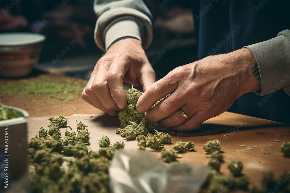 person preparing cannabis buds for medicine - obrazy, fototapety, plakaty 