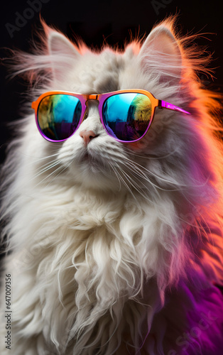 Beautiful white fluffy cat with sunglasses. Uniquely styled white fur cat in rainbow glasses in adorable combination of cuteness and personality. © Vagner Castro