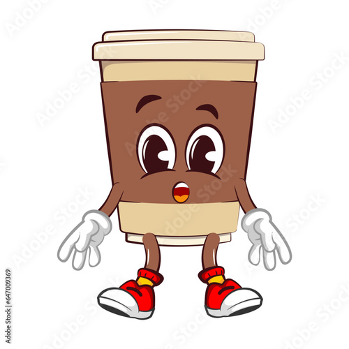 Cute happy coffee paper cup mascot when tired and lethargic. Isolated vector flat cartoon character illustration icon design. Coffee to go, take away concept