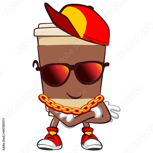 Cute happy coffee paper cup mascot dressed up in hip-hop wearing a stylish hat, sunglasses and gold chain necklace. Isolated vector flat cartoon character illustration icon design. Coffee to go, take 