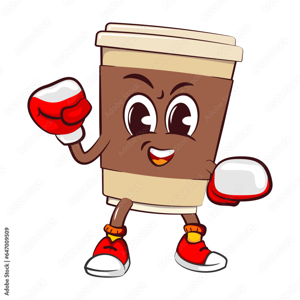 Cute happy coffee paper cup mascot boxing using boxing gloves. Isolated vector flat cartoon character illustration icon design. Coffee to go, take away concept