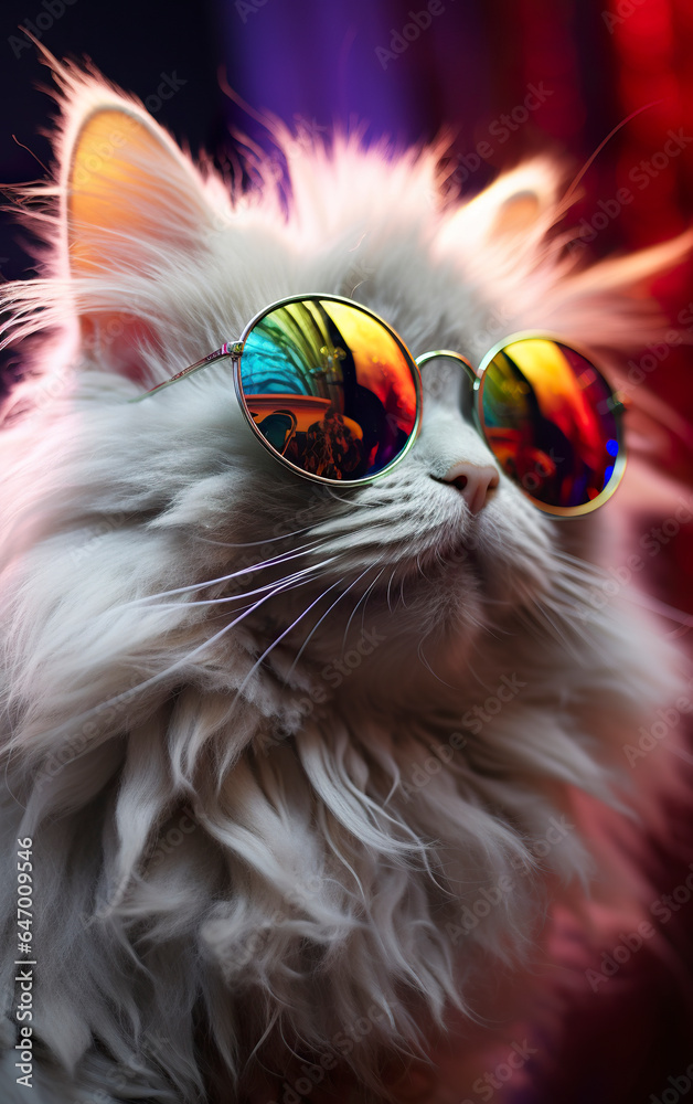 Beautiful white fluffy cat with sunglasses. Uniquely styled white fur cat in rainbow glasses in adorable combination of cuteness and personality.