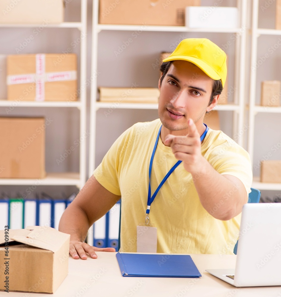 Handsome contractor working in box delivery relocation service Handsome contractor working in box delivery relocation service