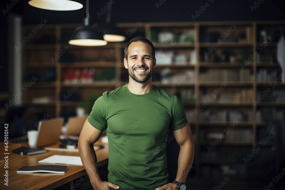 Fototapeta premium happy successful small business owner wearing a green shirt