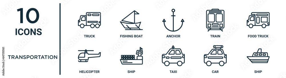 transportation outline icon set such as thin line truck, anchor, food ...