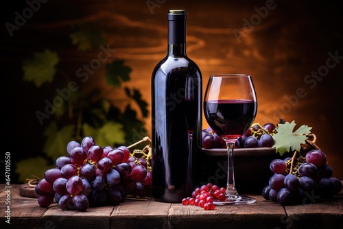 the grapes and wine bottle are set on a wooden table, dark red and magenta